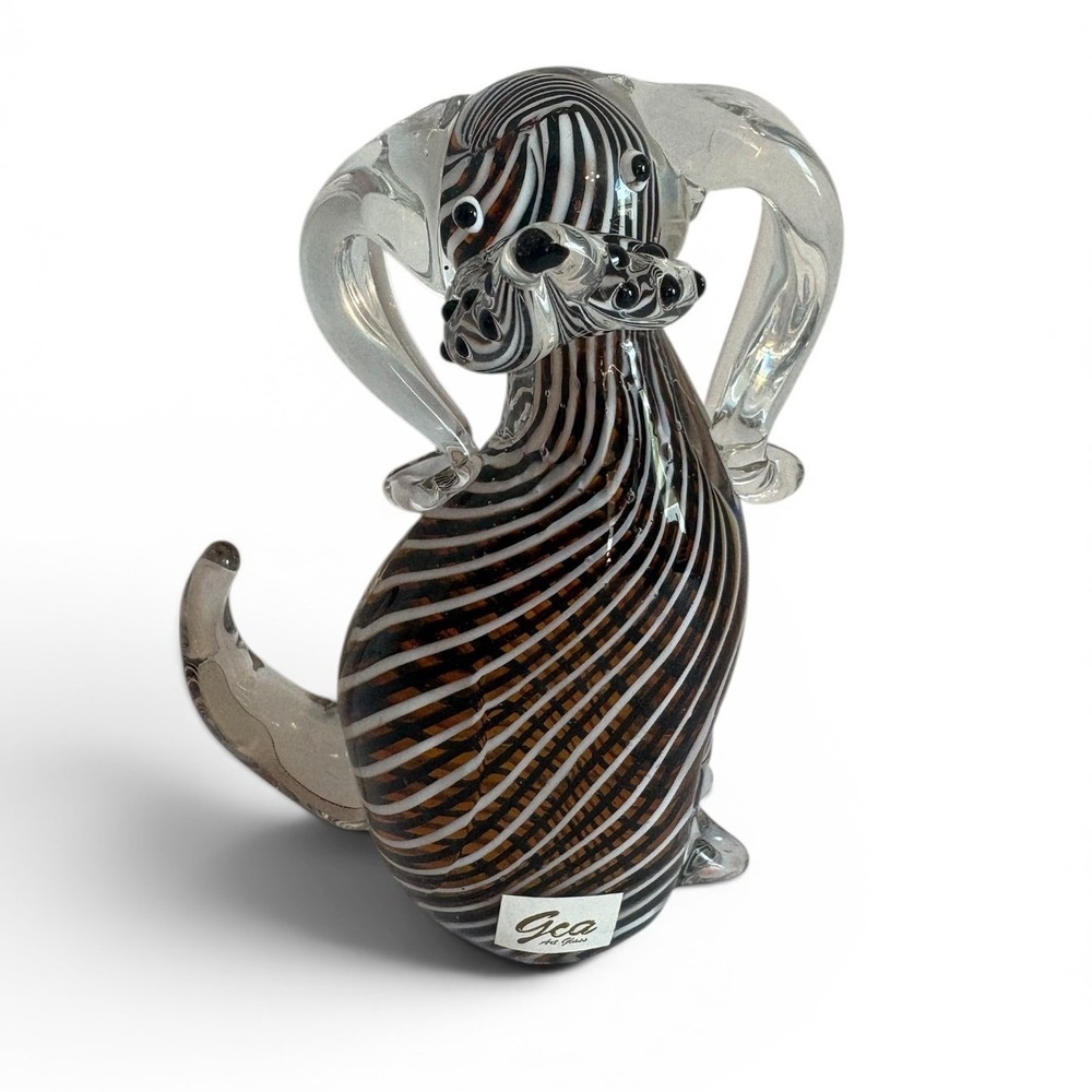 Gca Art Glass Brown White Striped Dog Figurine Hand Blown Glass Sculpture 6"